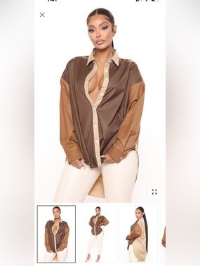 Women's Colorblock Button-Up Shirt - Brown/Tan